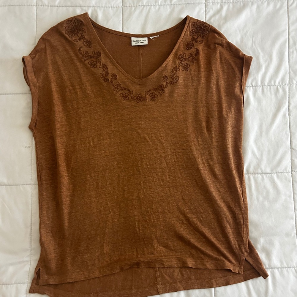 Rachel Zoe 100% Linen V-Neck Embroidered Top Brown Short Sleeve Blouse Boho